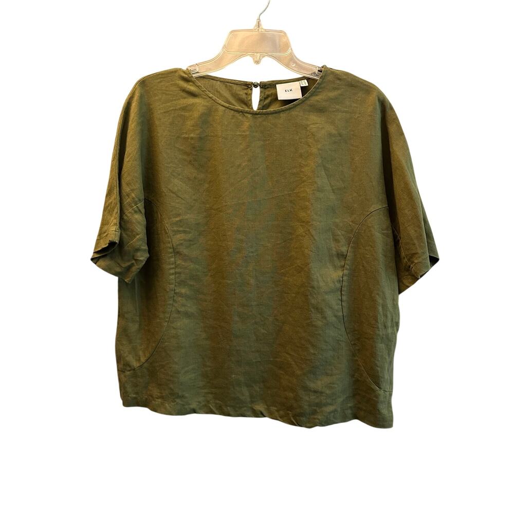 ELK 100% Linen Round Neck Pullover Short Sleeve Top Green Womens Size 6